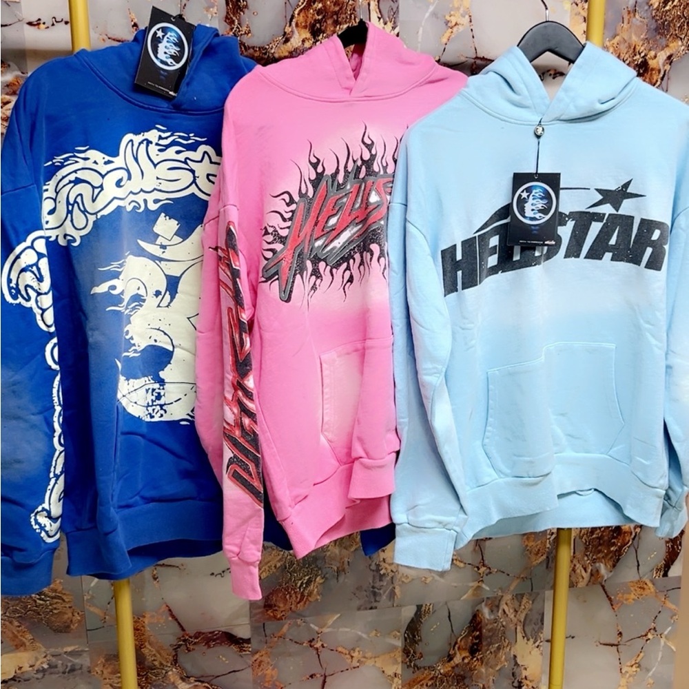 Graphic Hoodies in Blue, Pink, and Light Blue